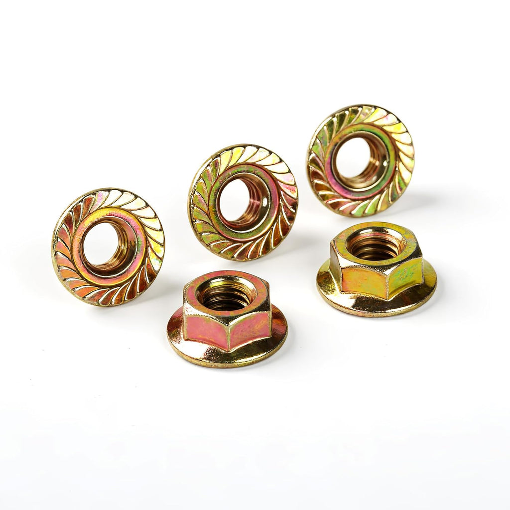 M10-1.5mm Anti-Loosening Serrated Hex Flange Lock Nuts (Yellow Zinc Plated, Full Thread) - 20 Pcs