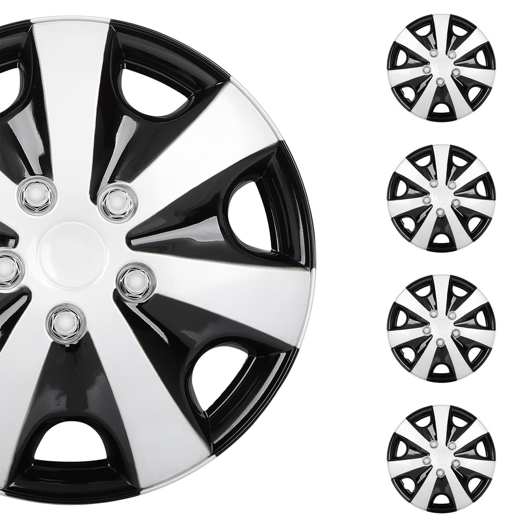 15 Inch Hubcaps 4-Pack Black & Silver Wheel Cover Universal-Fit