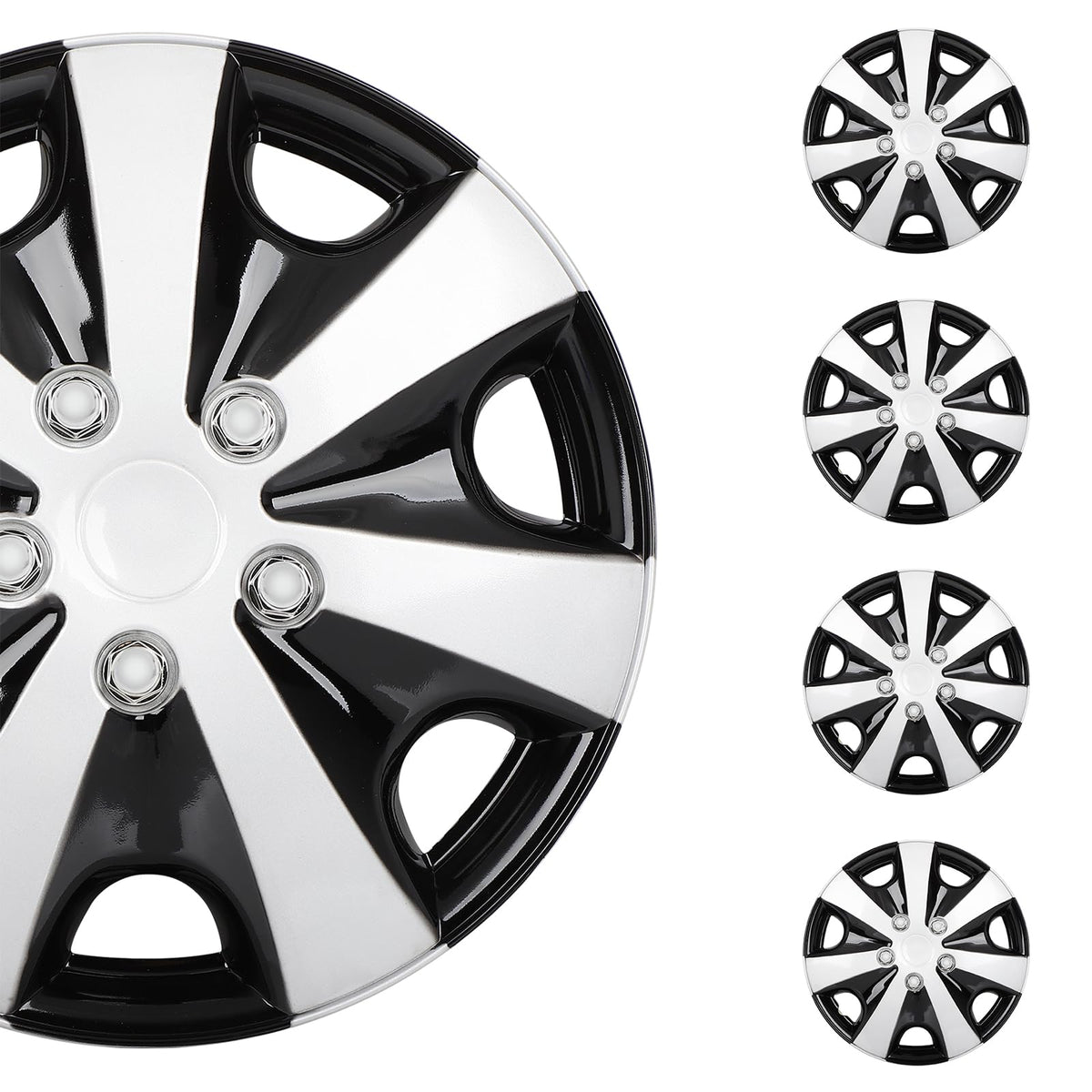 15 Inch Hubcaps 4-Pack Black & Silver Wheel Cover Universal-Fit