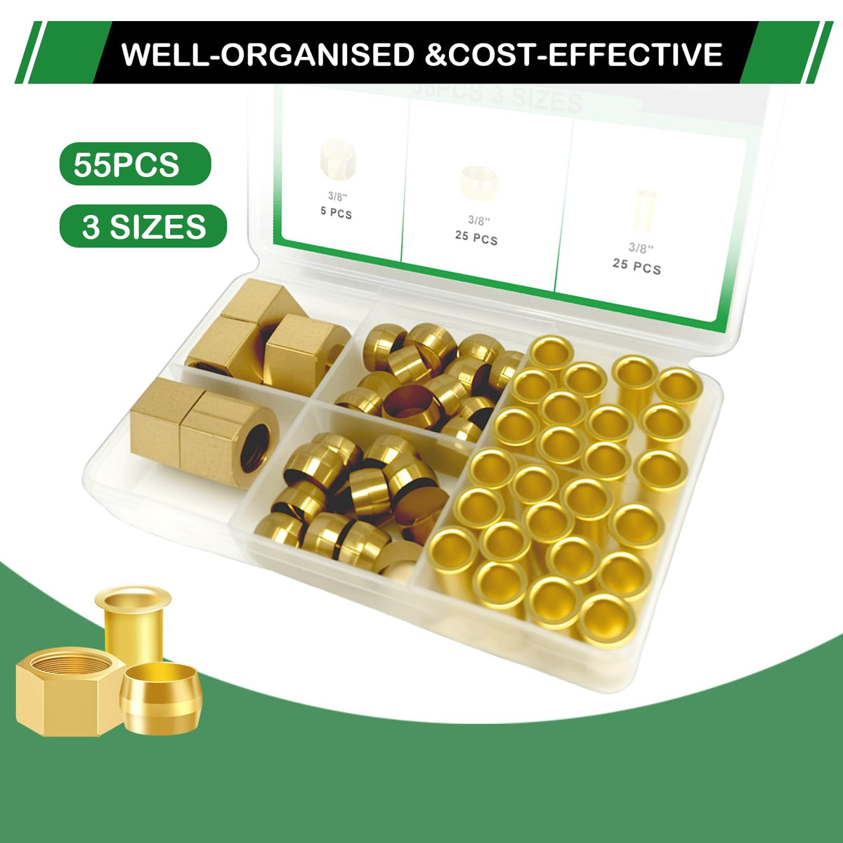 Japtend 55pcs 3/8" Brass Compression Sleeves Ferrules Inserts Nuts Fittings