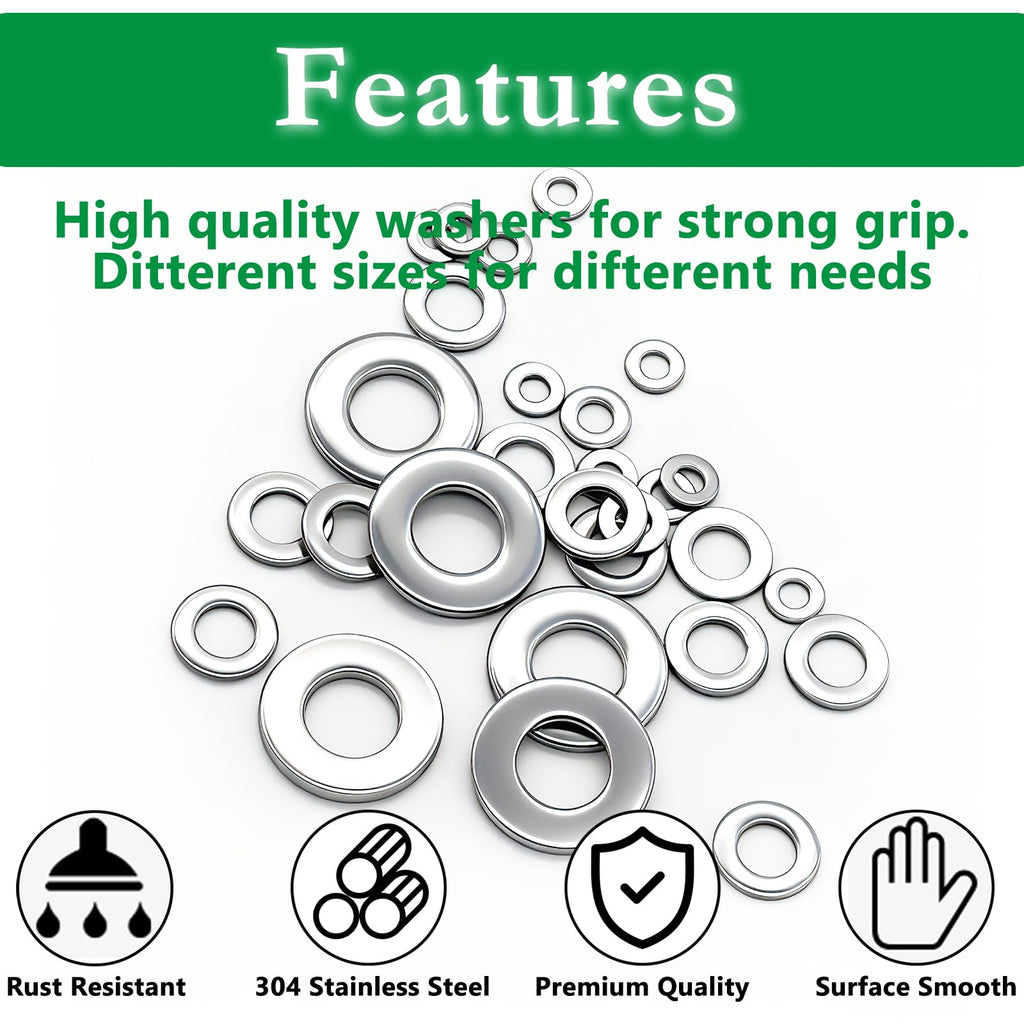 550PCS Flat Washers Assortment, 304 SS, 12 SAE Sizes, 2#-1/2"