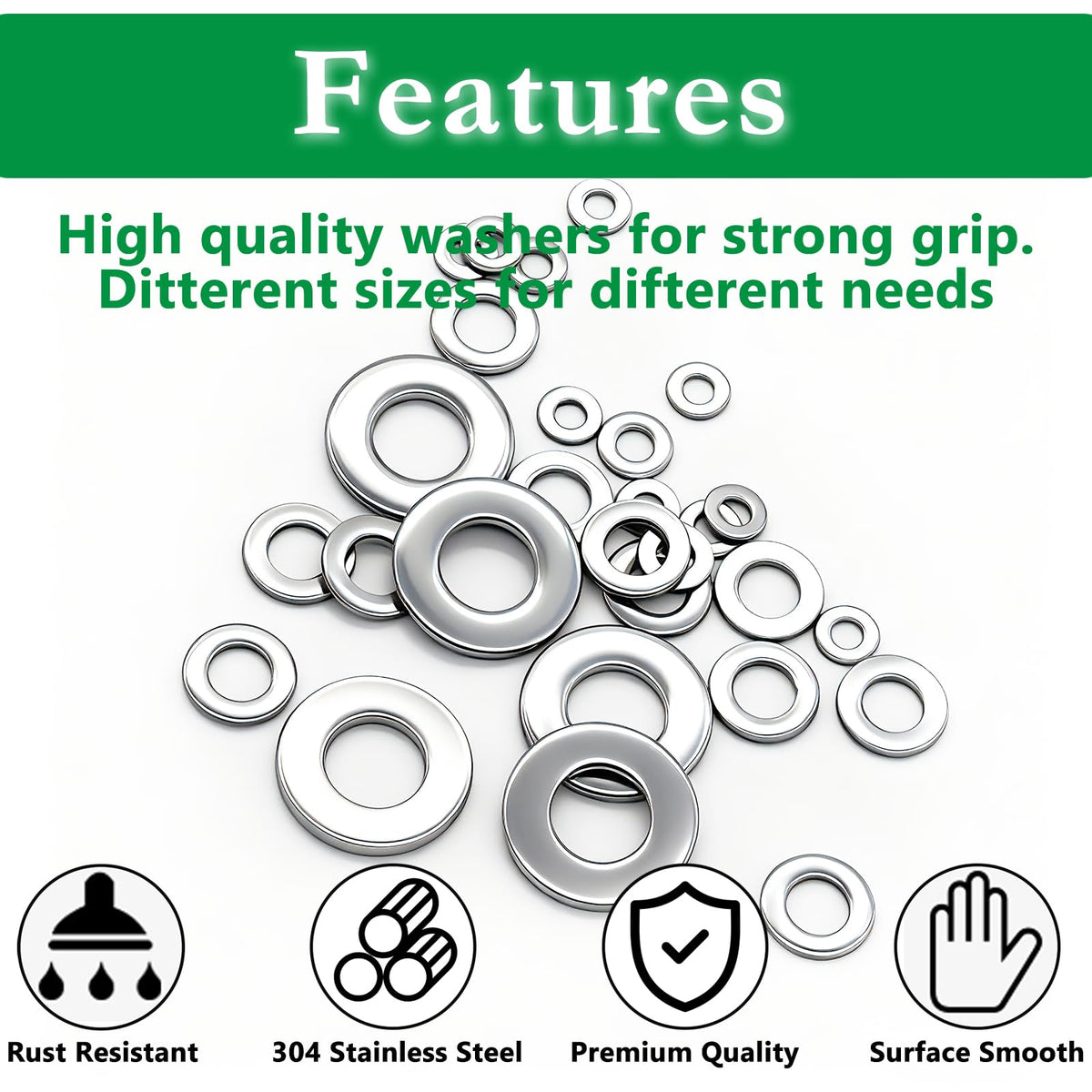 550PCS Flat Washers Assortment, 304 SS, 12 SAE Sizes, 2#-1/2"
