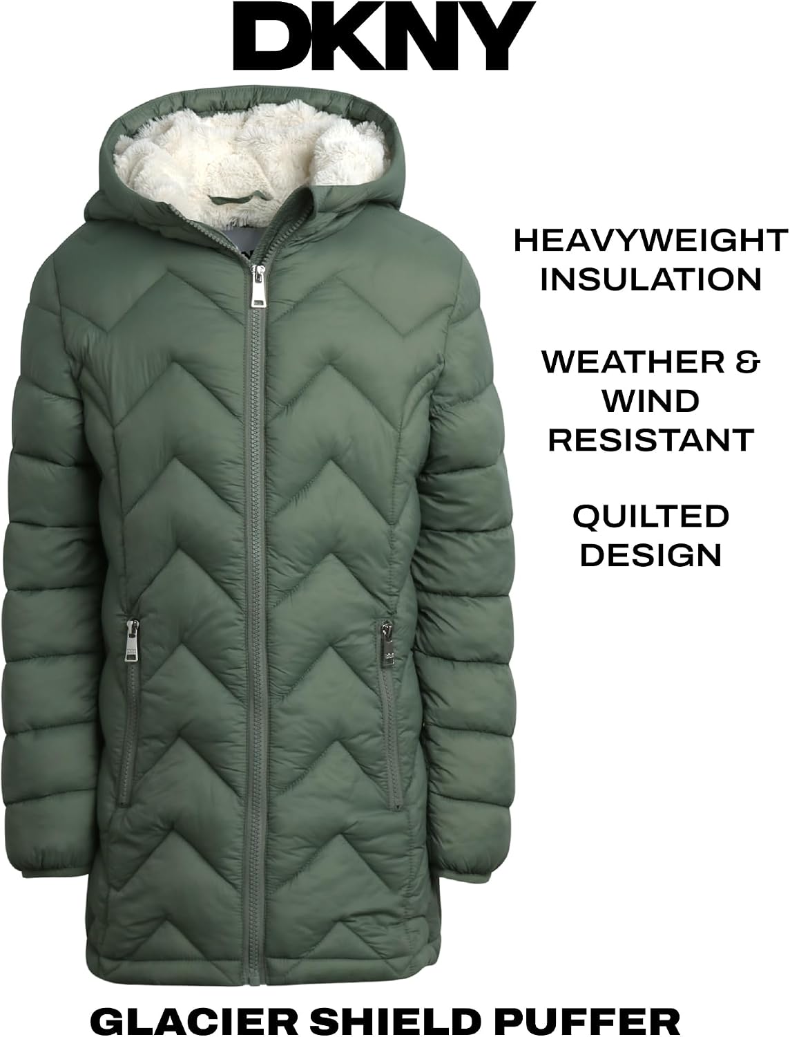 DKNY Girls Winter Jacket, Mid Length Quilted Puffer, Sherpa Insulated Coat | Full Plush Sherpa Lining for Heavyweight