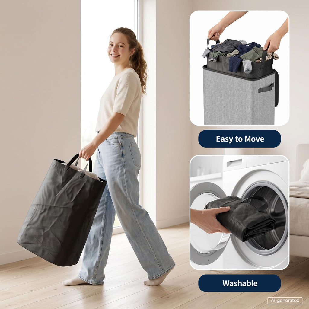 Slim Laundry Hamper with Lid, 75L, Black-Gray