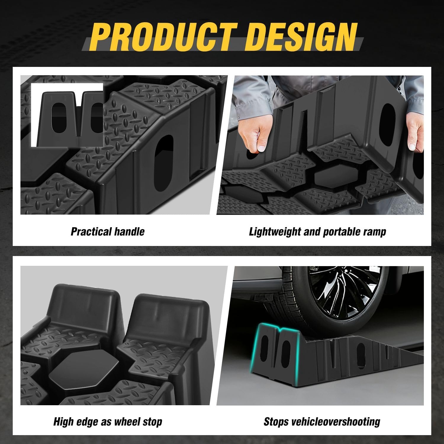 7" Car Lift Ramp, 9" Working Width, 2-Pack Vehicle Parking Ramp Stand - 2.5 T G.V.M Capacity for One Pair
