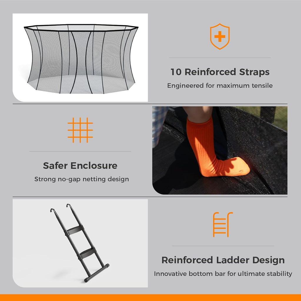 Trampoline Outdoor 10FT 14FT 16FT with Enclosure,5 Reinforced U-Shaped Legs with Center Support,ASTM