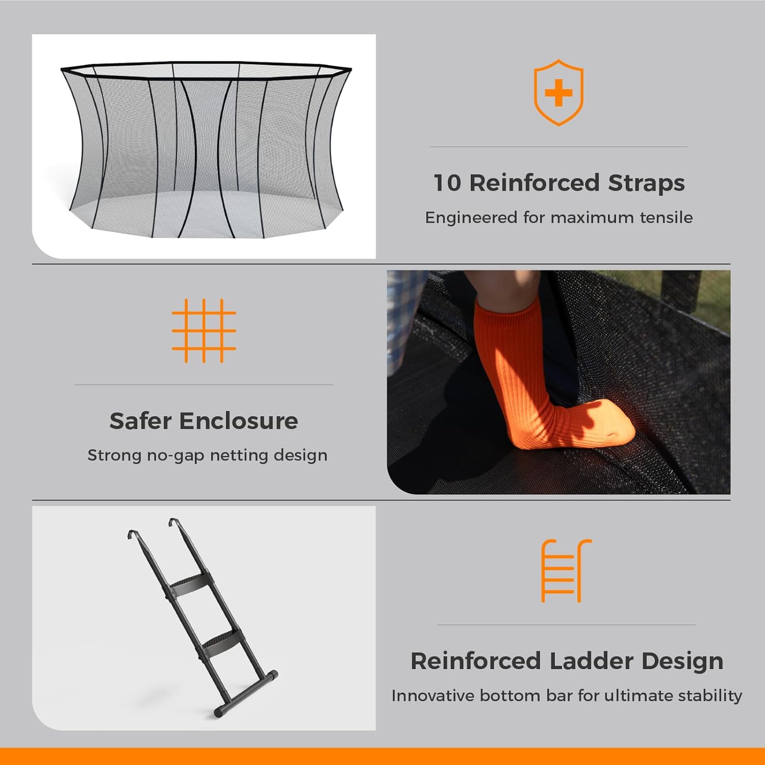 Trampoline Outdoor 10FT 14FT 16FT with Enclosure,5 Reinforced U-Shaped Legs with Center Support,ASTM