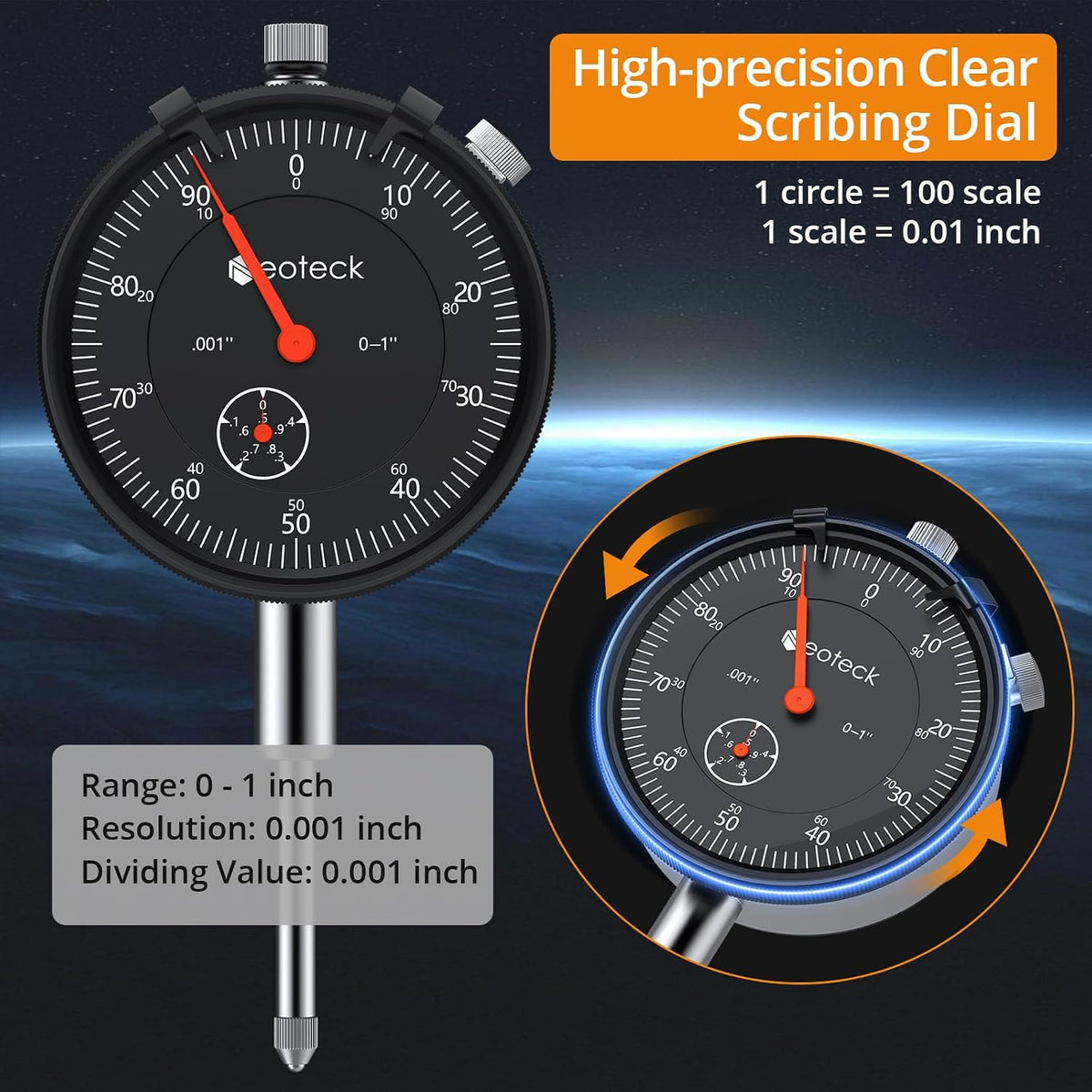 Neoteck 1"/0.001" Dial Indicator,Dial Gauge Full Metal Construction
