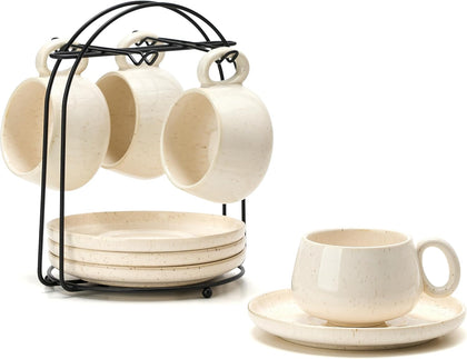 7.77 oz Ceramic Cappuccino Cups with Saucers and Metal Stand, Set of 4 Large Unique Porcelain Coffee Cup for Latte