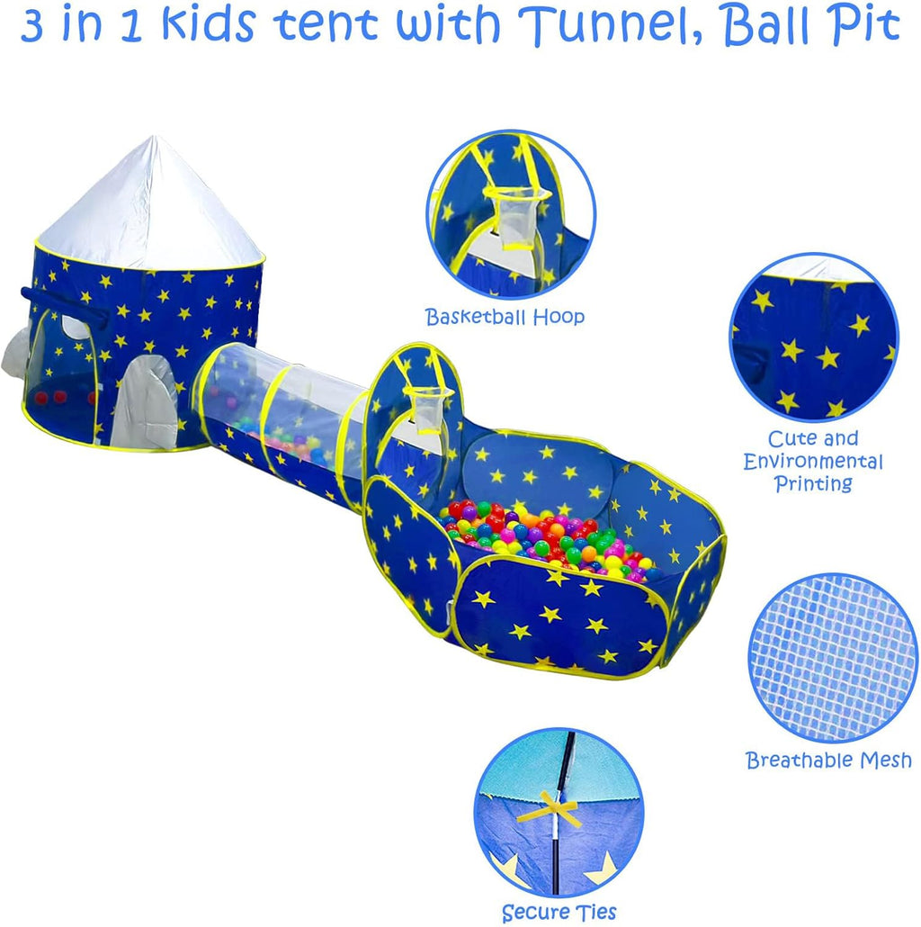 3pc Kids Play Tent for Boys with Ball Pit, Crawl Tunnel, Princess Tents for Toddlers, Baby Space World Playhouse
