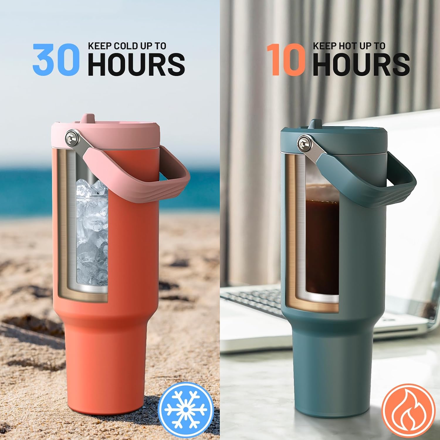 40 oz Insulated Tumbler with Top Handle and Flip Straw | Vacuum Insulated Stainless Steel Cup with Leak-Proof Lid