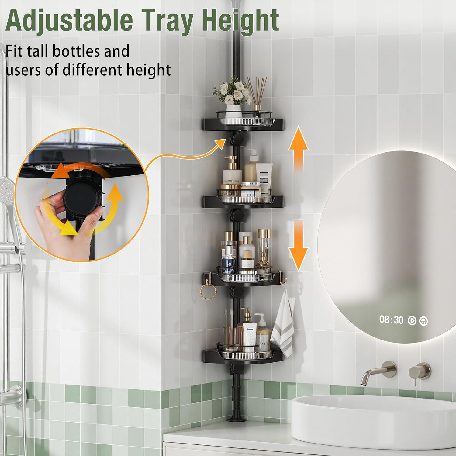 360° Rotating Corner Shower Caddy Tension Pole Organizer (Black) | 4-Tier rotating shelves with hooks, adjustable