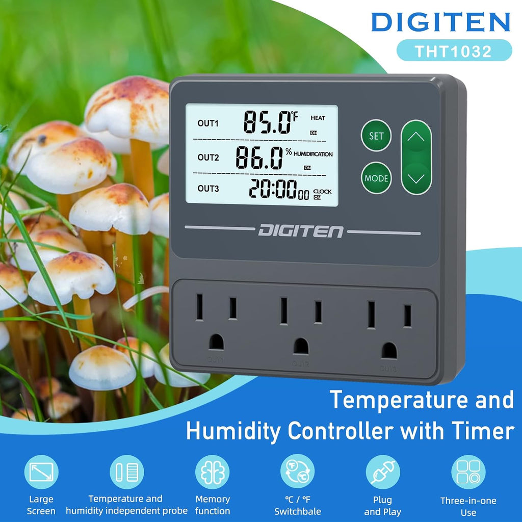 Temperature and Humidity Controller with Timer,3 Outlet Dual Probes | 3-Stage Outlet Control Temp,Humidity & Timer