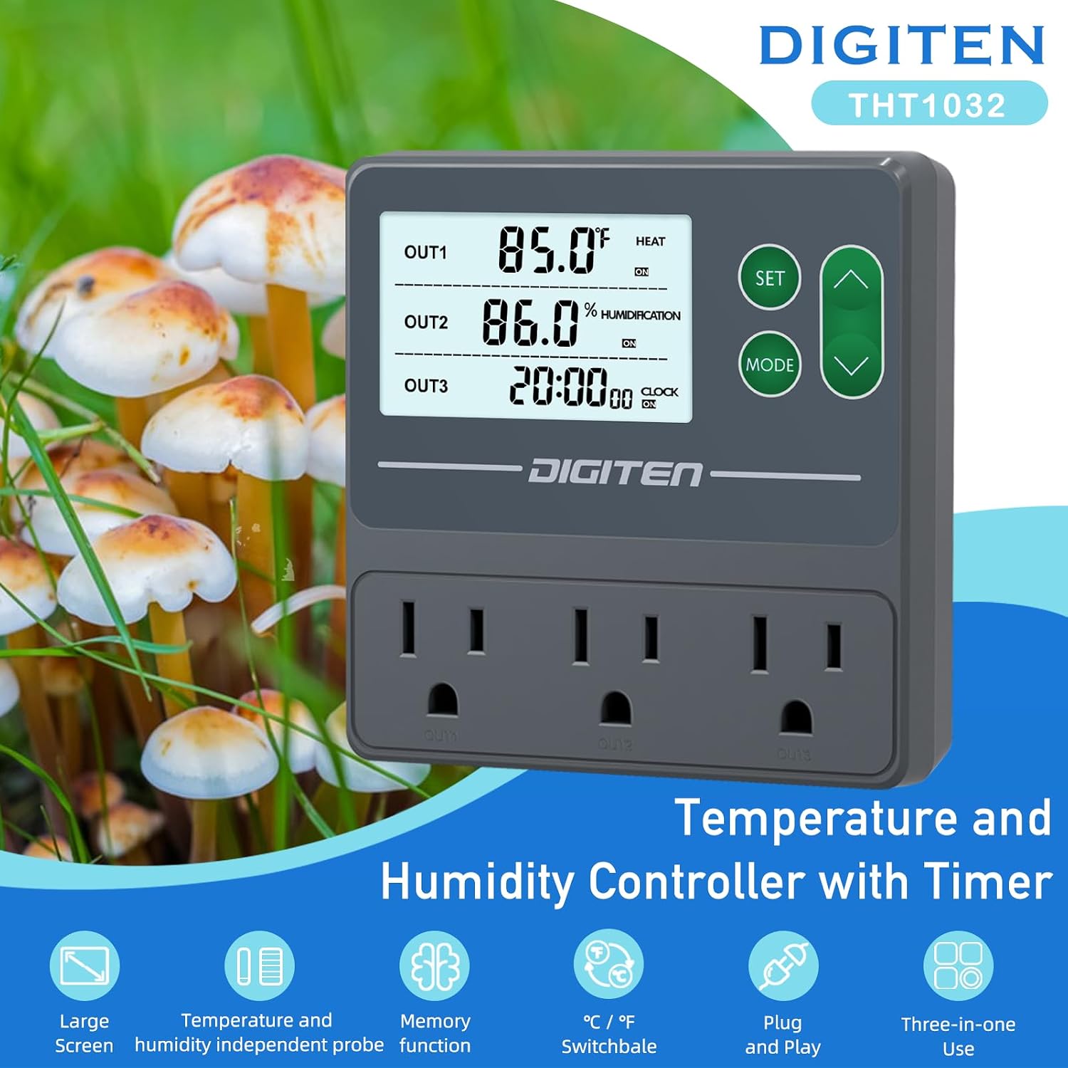 Temperature and Humidity Controller with Timer,3 Outlet Dual Probes | 3-Stage Outlet Control Temp,Humidity & Timer