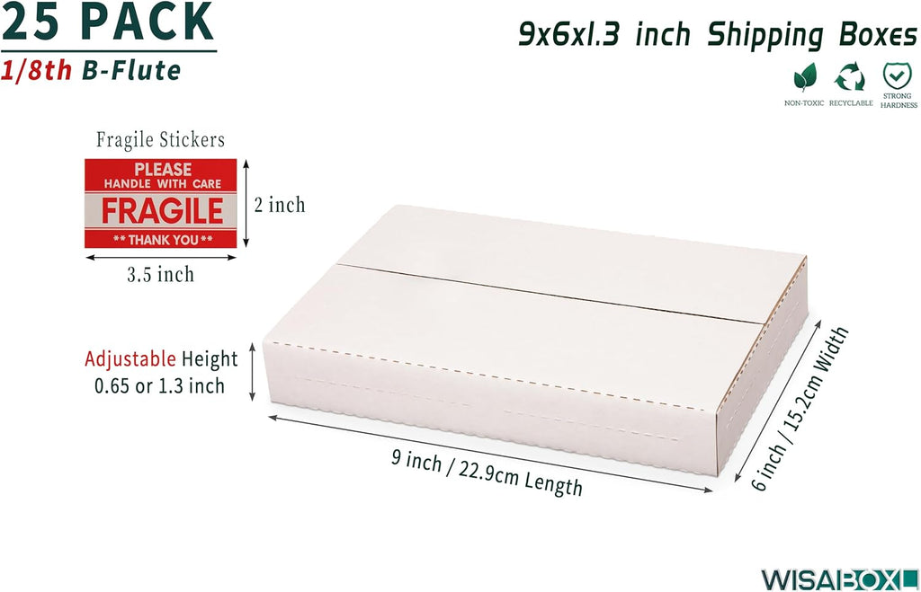 9x6x1.3 inch Shipping Boxes with Fragile Stickers, White, 25-Pack