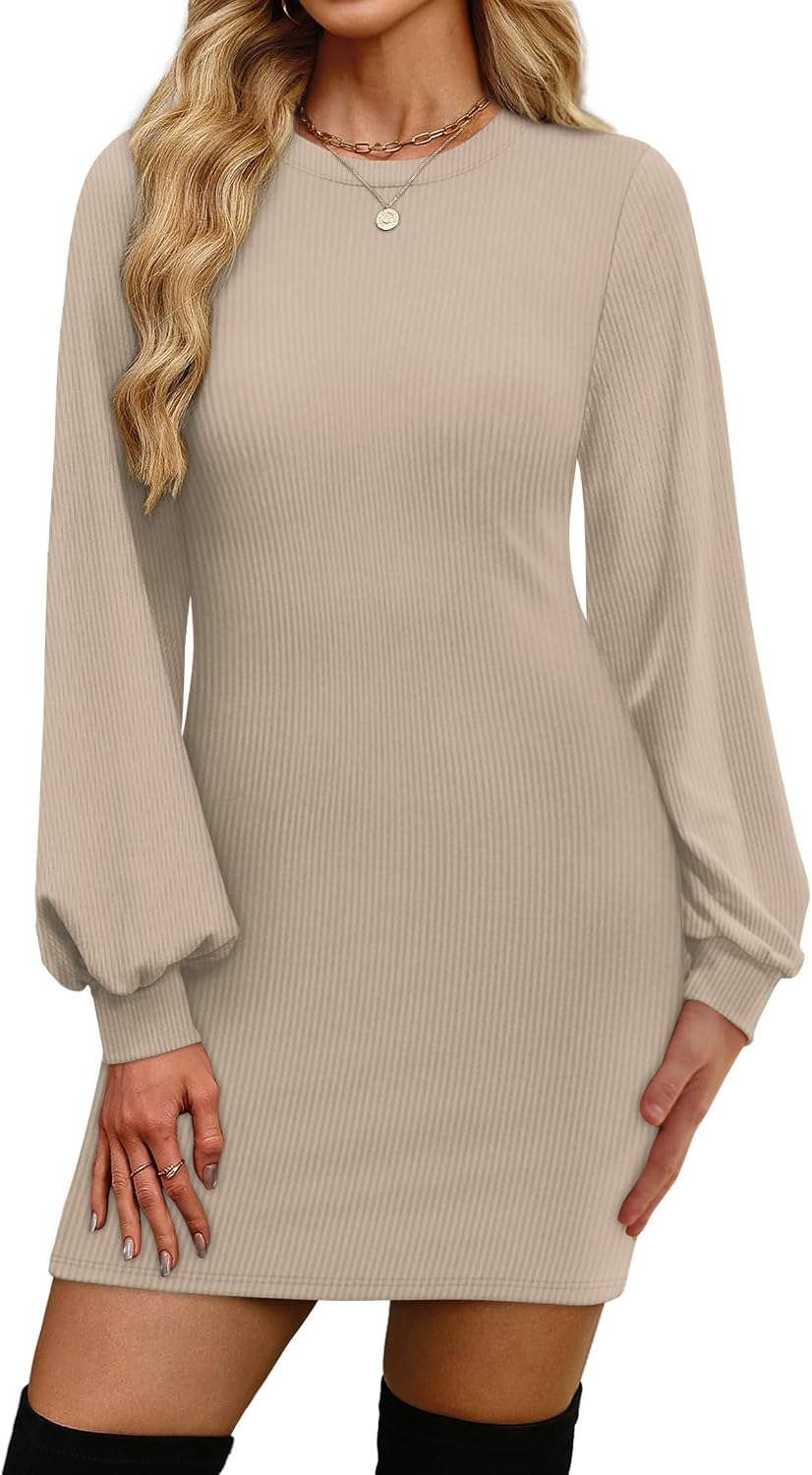 Sweater Dresses for Women 2025 Fall Winter Puff Long Sleeve Crewneck Bodycon Fleece Ribbed Pullover Fashion Clothing