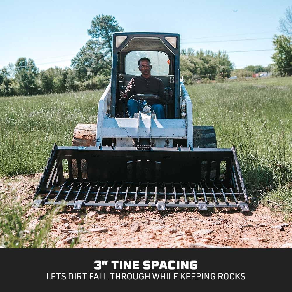 Titan Distributors Inc. 72-in Fine Grade Skeleton Rock Bucket with Teeth for Skid Steers and Tractors with Quick Tach