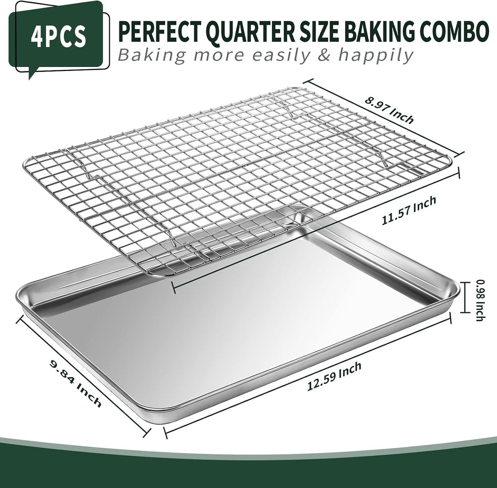Quarter Sheet Pan with Cooling Rack Set [2 Baking Sheets + 2 Baking Racks], CEKEE Stainless Steel Cookie Sheets for