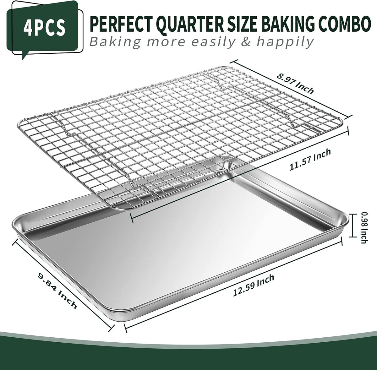 Quarter Sheet Pan with Cooling Rack Set [2 Baking Sheets + 2 Baking Racks], CEKEE Stainless Steel Cookie Sheets for