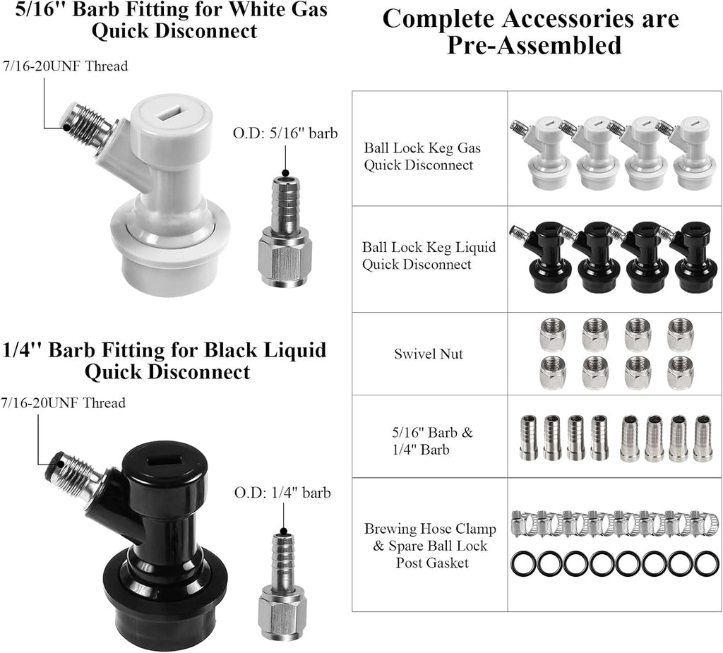 Ball Lock Keg Connectors – 4 Pairs Corny Keg Quick Disconnect Set | No Leakage, 1/4" Beer & 5/16" Gas Barb, 8x Spare