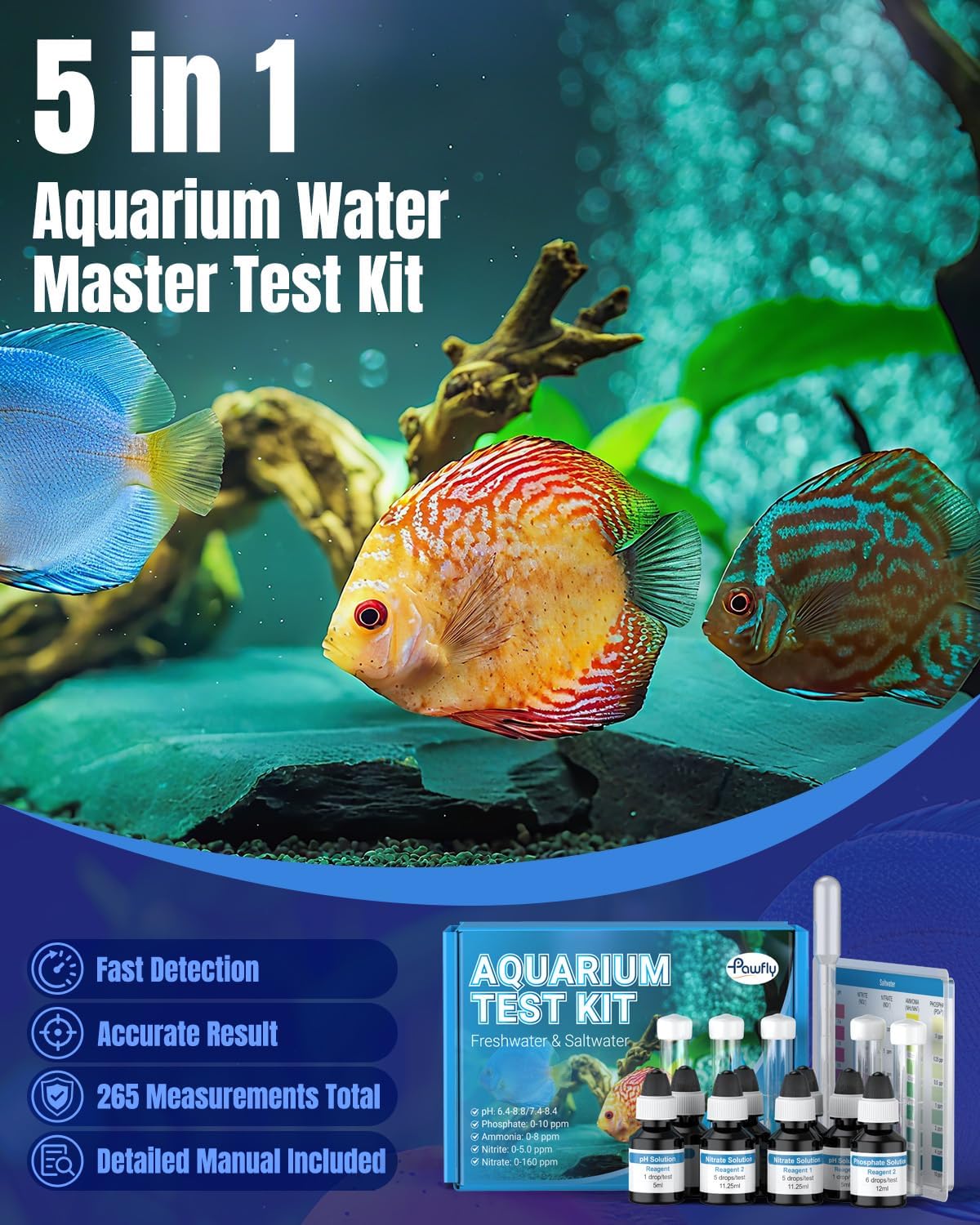 5 in 1 Aquarium Water Master Test Kit, Fish Tank Water Testing Kit | Aquarium Water Test Kit for pH Nitrite Nitrate