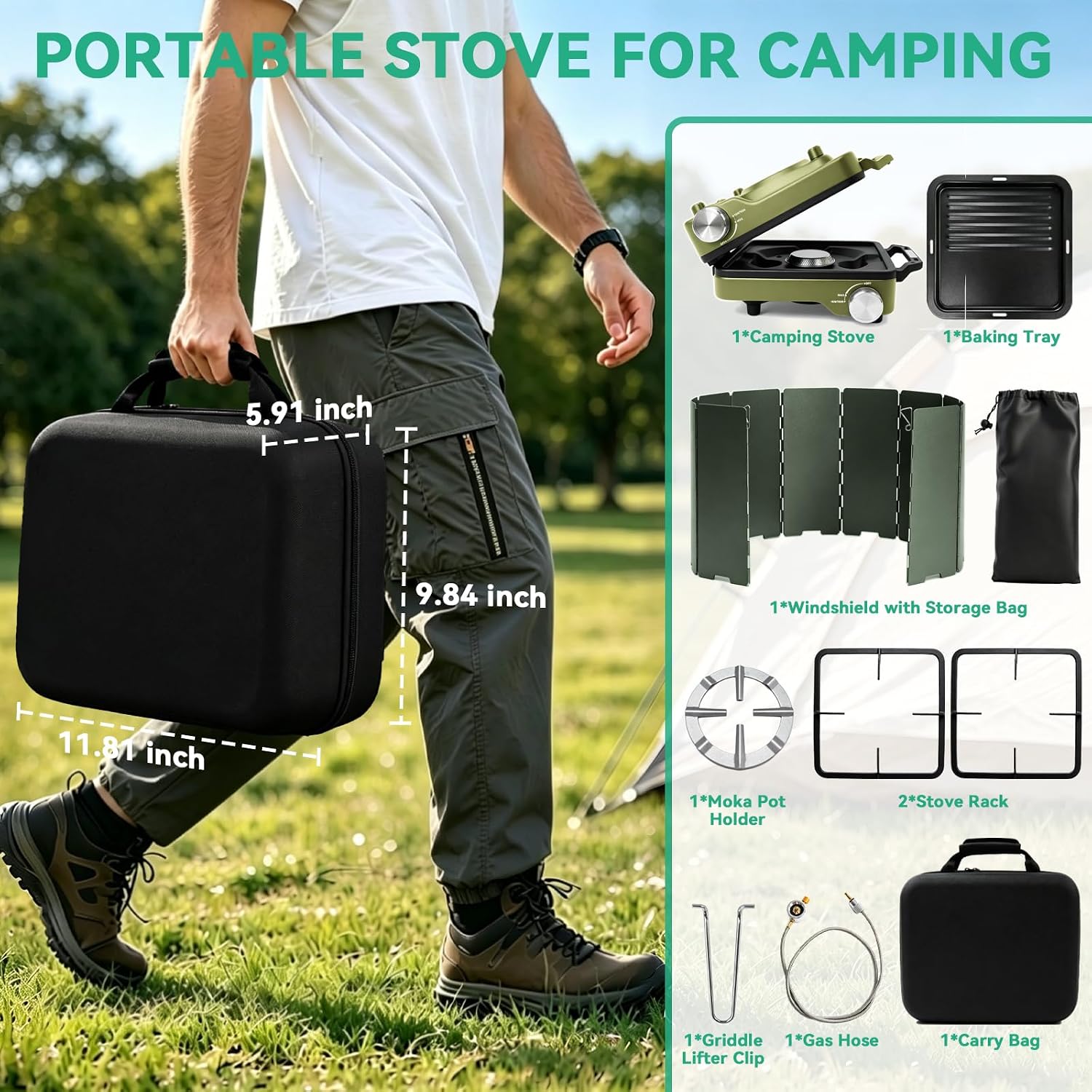 2 Burner Portable Camp Stove, 24000 BTU Propane Camping Stove with Windshield, Folding Gas Stove with Carry Bag