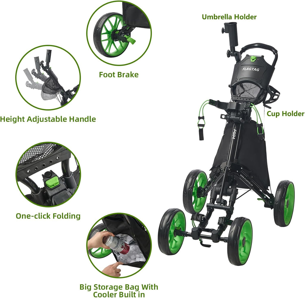 Golf Push Cart 4-Wheels,Folding Golf Cart, Golf Pull cart with Cup Holder,Umbrella Holder,Cooler Bag, Foldable with