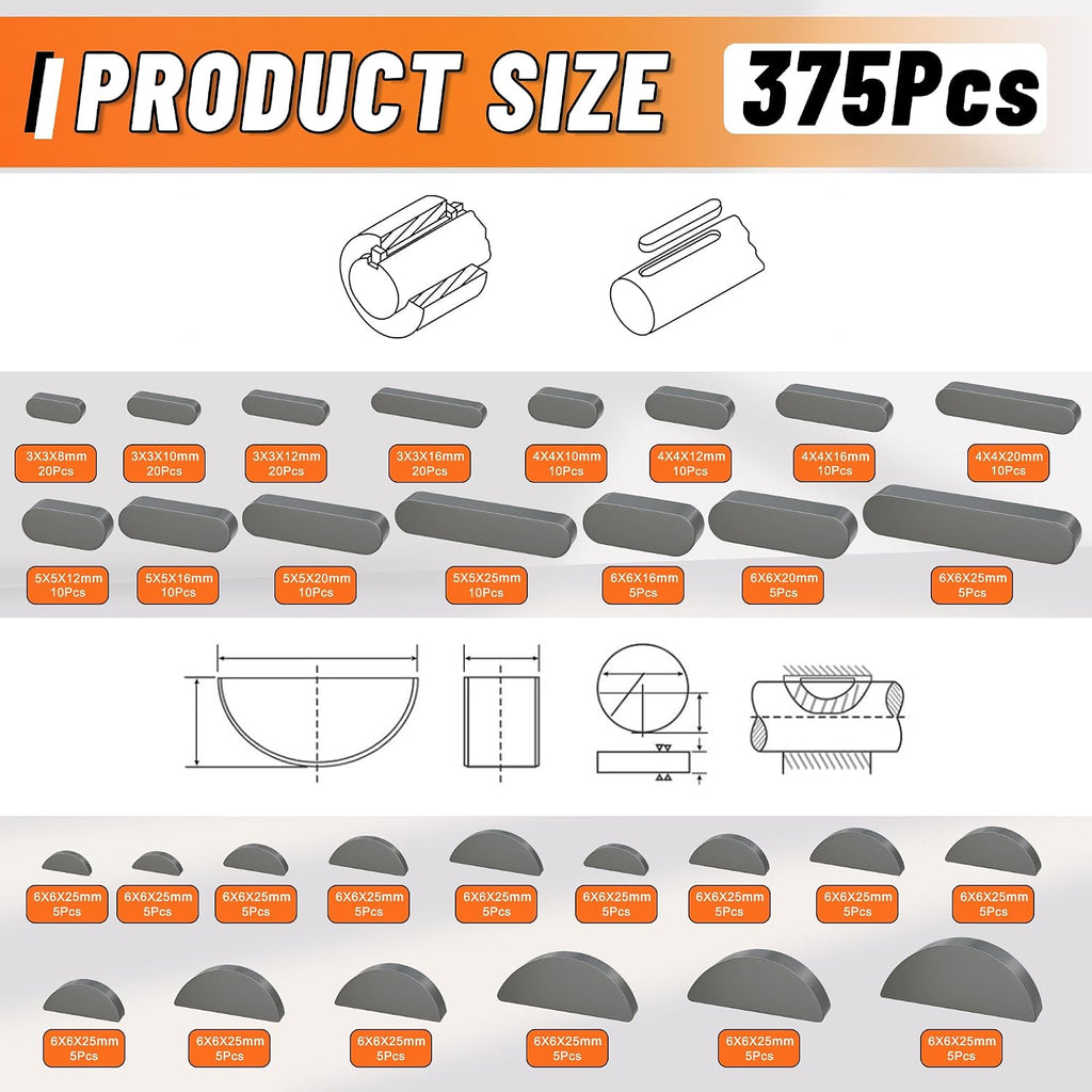 375PCS Metric Stainless Steel Industry Woodruff Key Assortment