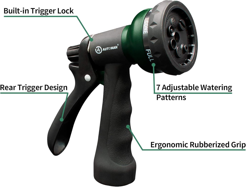 Garden-Hose-Nozzle, ABS Water Spray Nozzle with 7 Adjustable Watering Patterns, Slip Resistant for Watering Plants