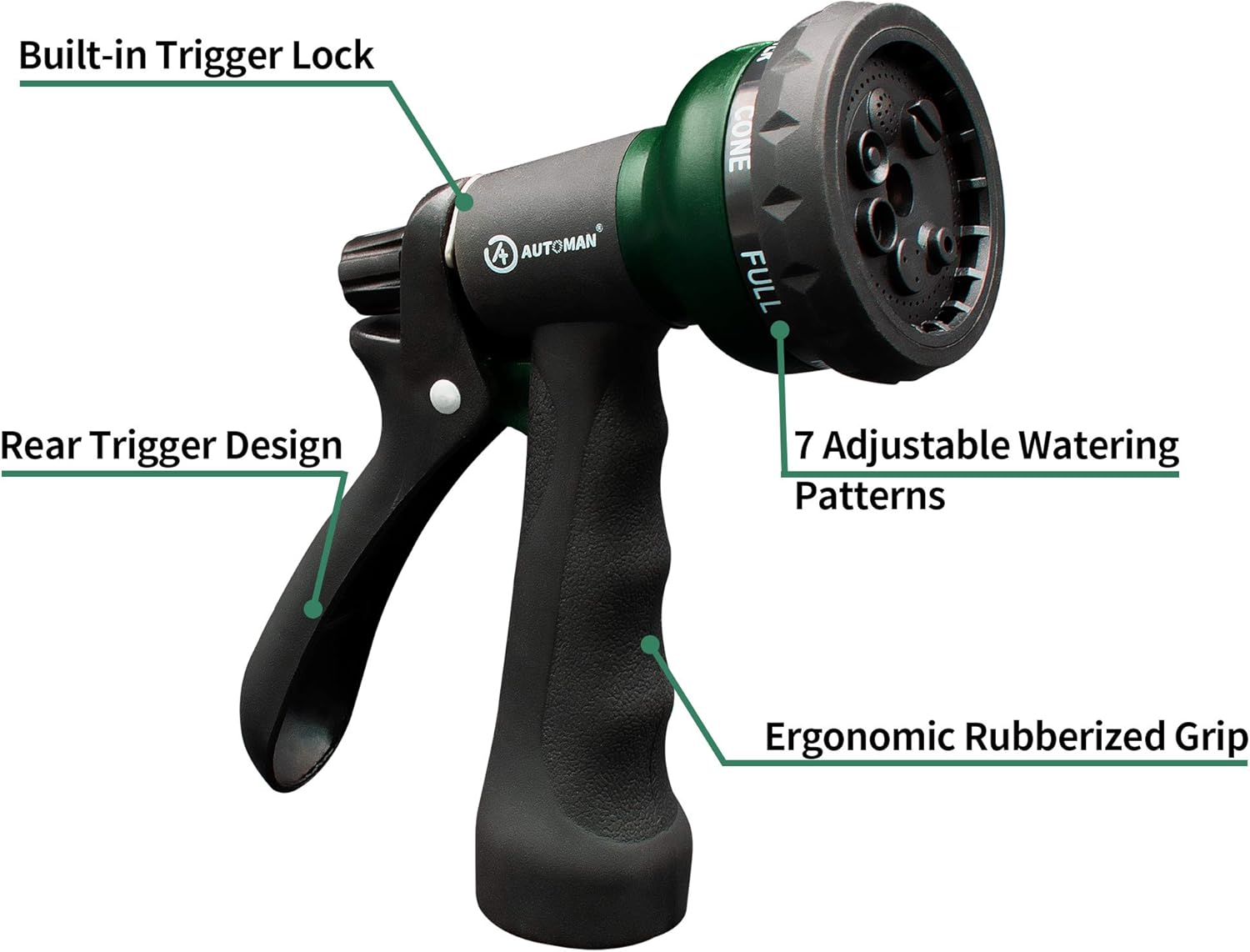Garden-Hose-Nozzle, ABS Water Spray Nozzle with 7 Adjustable Watering Patterns, Slip Resistant for Watering Plants