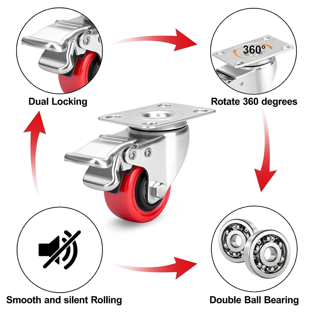 2 Inch Industrial Heavy Duty Swivel Caster Wheels with Brake,Set of 4 Safety Locking Casters,Load 600lbs,Premium