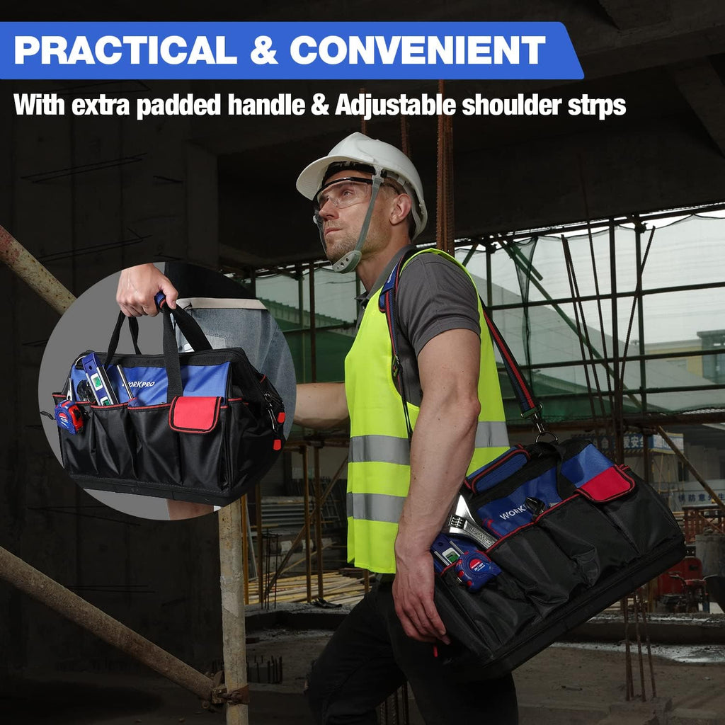 Tool Bag, 18 Inch Tool Bag with Waterproof Molded Base, Open Top Tool Organizer Bag with 20 Pockets, Adjustable