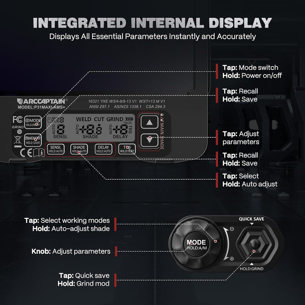 Intelligent Auto-Darkening Welding Helmet, 4.6" x 3.2" Screen | True Color 1/1/1/1 / 1/30000s Response / Internal