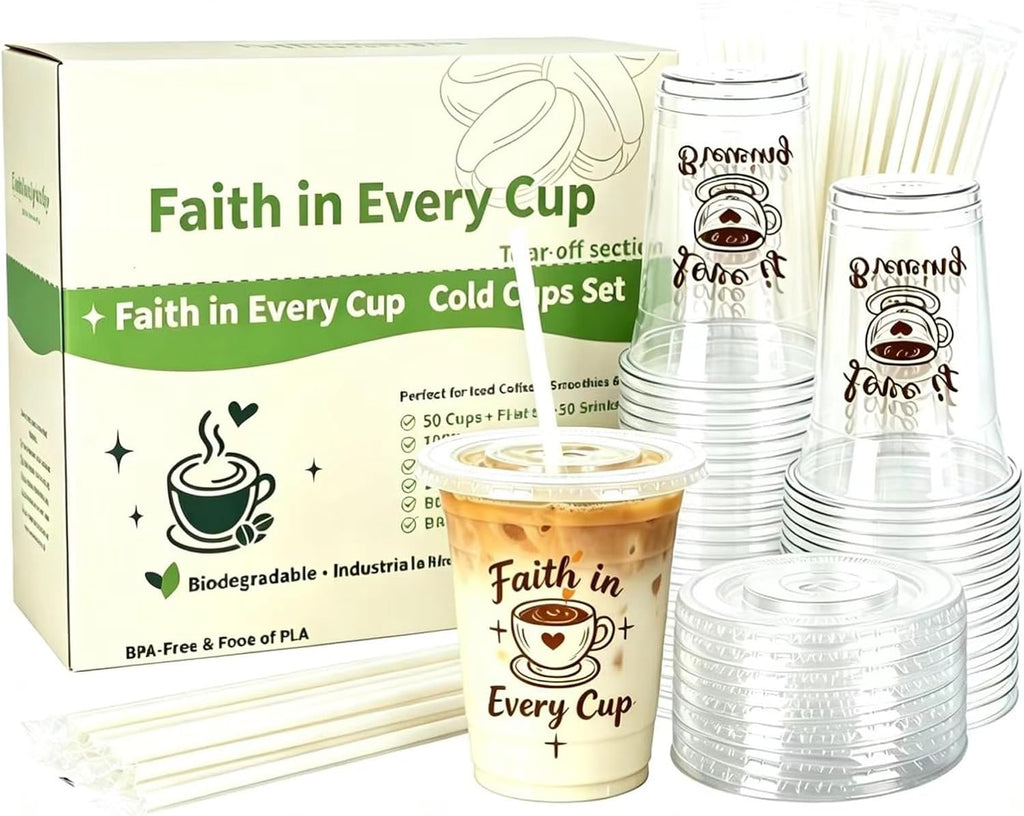 50 Count 16 oz compostable cold drink cups with lids and straws, plant-based PLA disposable tasting cups for juice