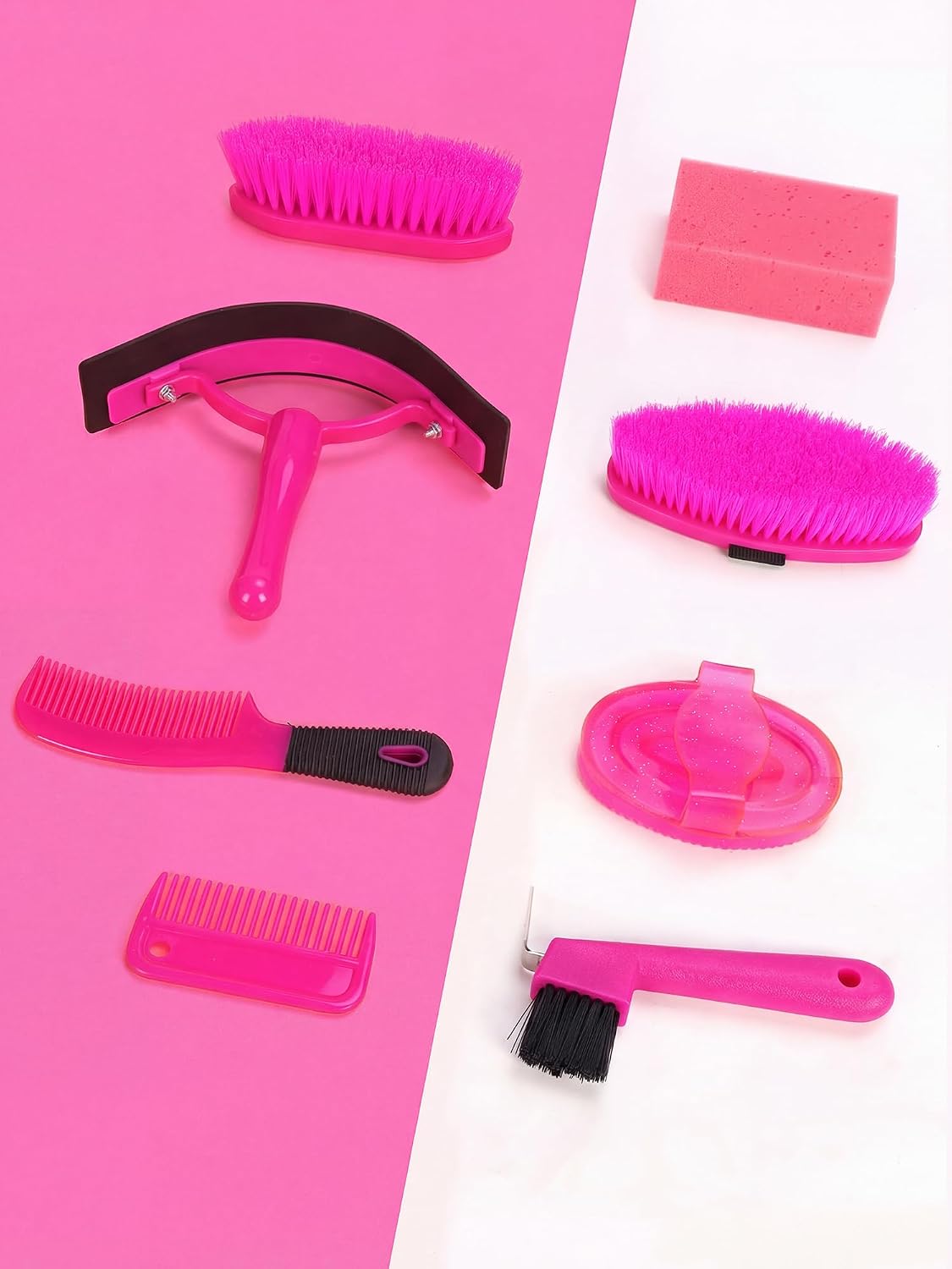 Horse Grooming Kit, Pink Storage Bag with 10 Piece Professional Equestrian Care Tools, Brushes, Combs, Scraper and