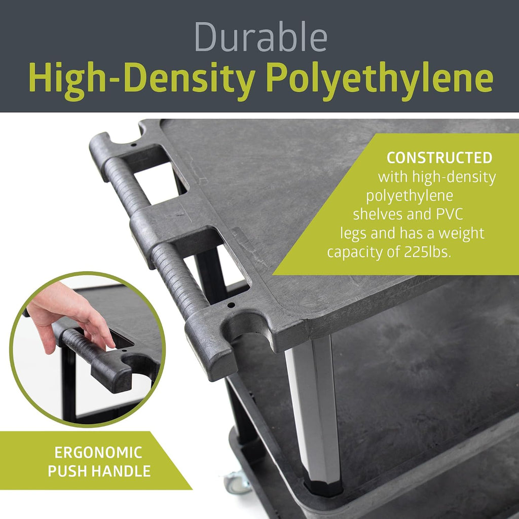 3-Shelf Multipurpose Mobile Utility Cart with 2 Bins and Lockable Wheels, Heavy-Duty Plastic Rolling Presentation