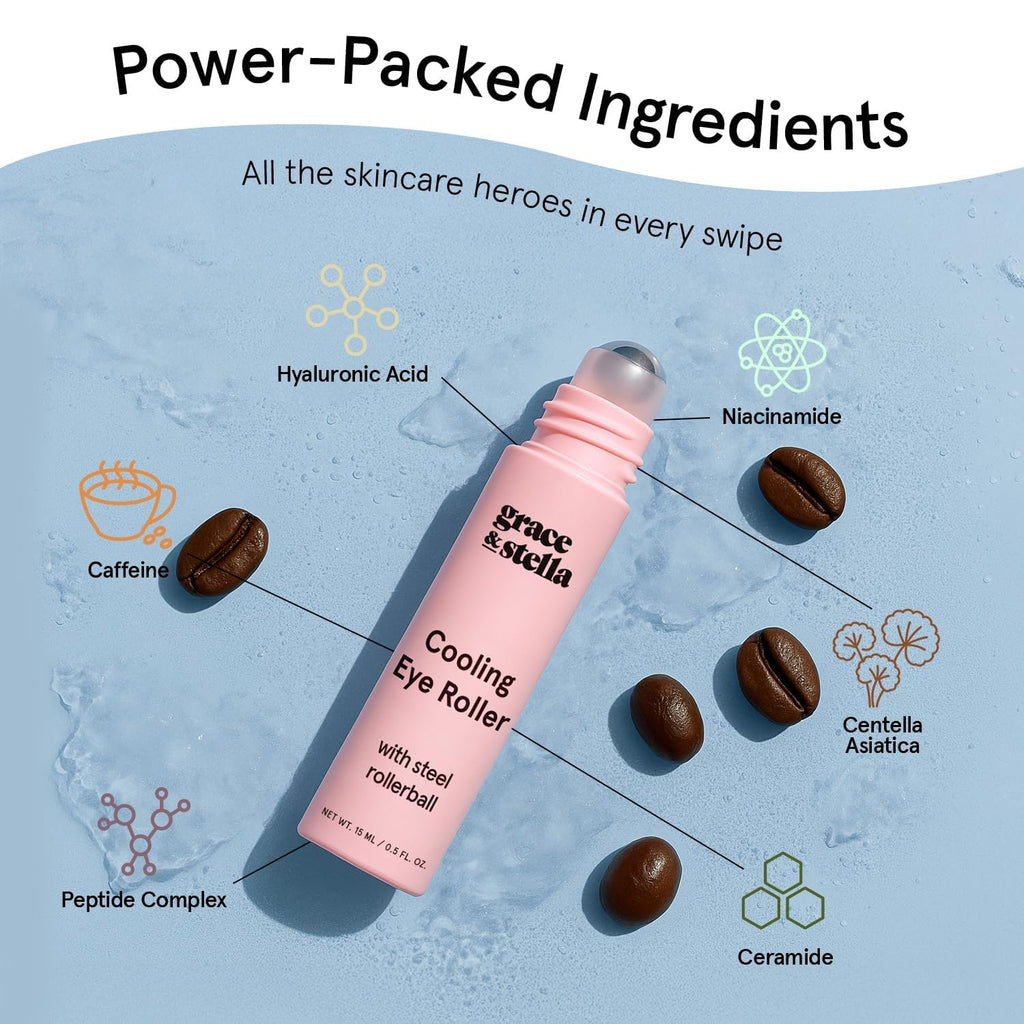 Under Eye Brightener with Cooling Metal Rollerball | Centella Asiatica & Caffeine Eye Serum for Puffy Eyes - Travel