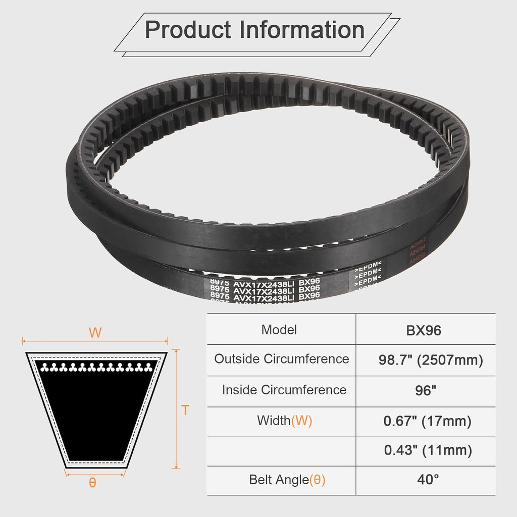 uxcell BX96 EPDM V-Belt, Raw Edge Cogged Industrial Rubber V Belt 0.67" Width x 96" Inside Circumference