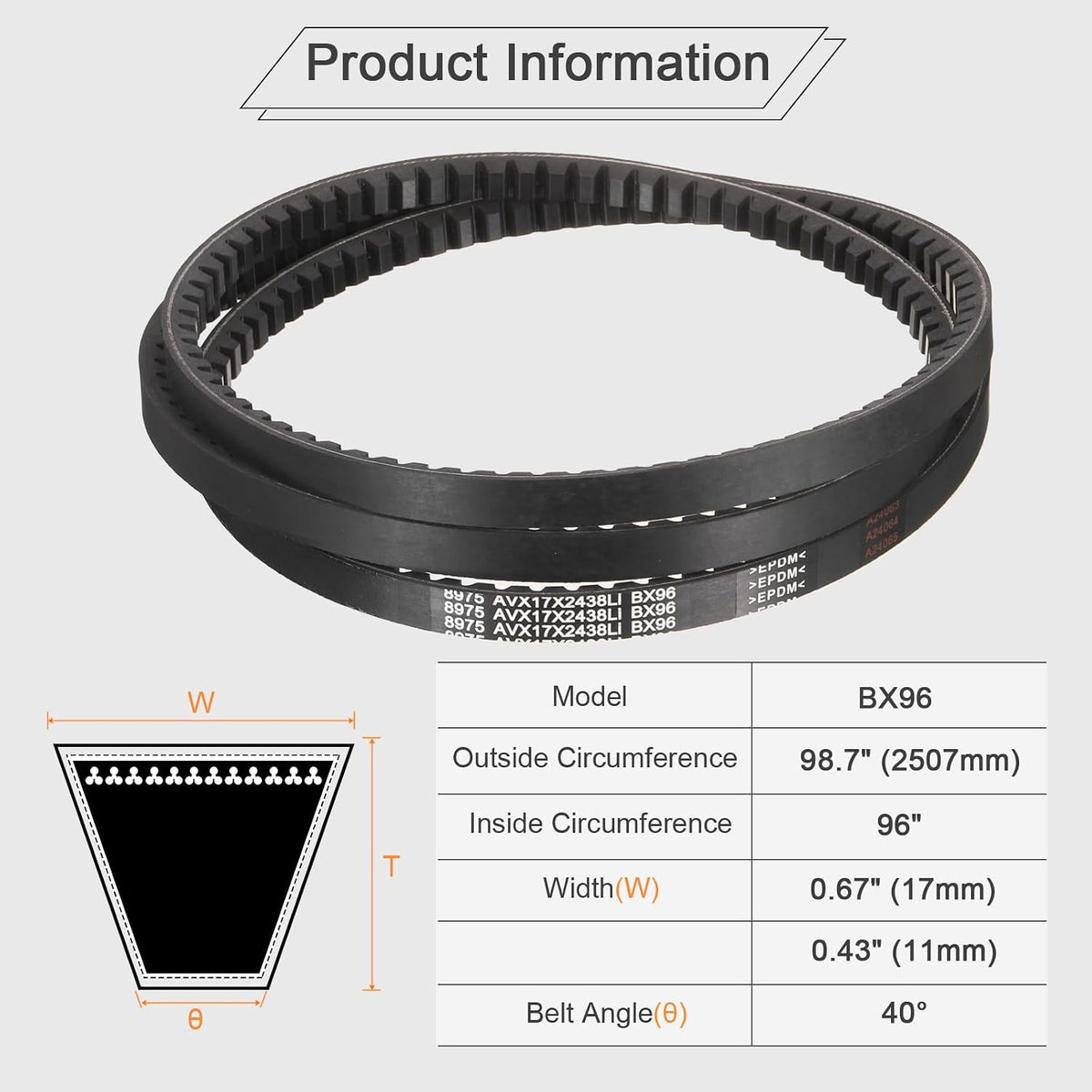 uxcell BX96 EPDM V-Belt, Raw Edge Cogged Industrial Rubber V Belt 0.67" Width x 96" Inside Circumference