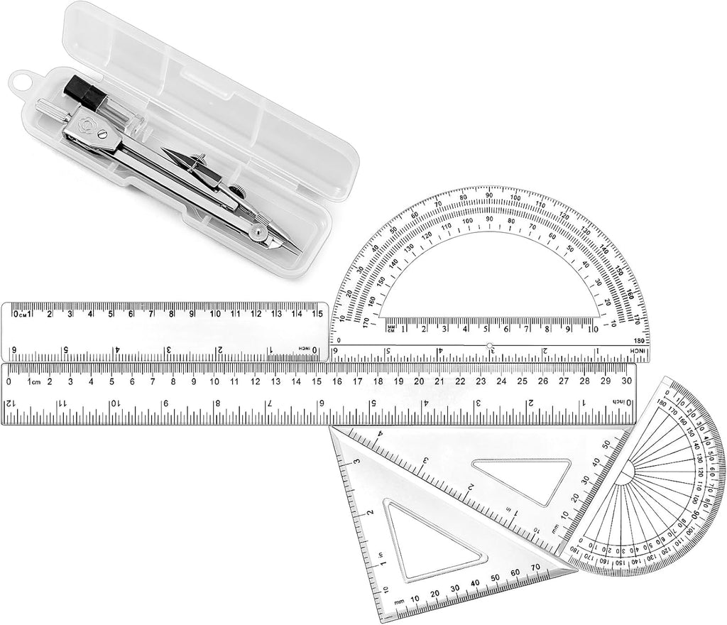 7‑Piece Geometry Set with Drawing Compass, 6 & 4 Inch Protractors, Triangle Rulers and Straight Rulers, Transparent