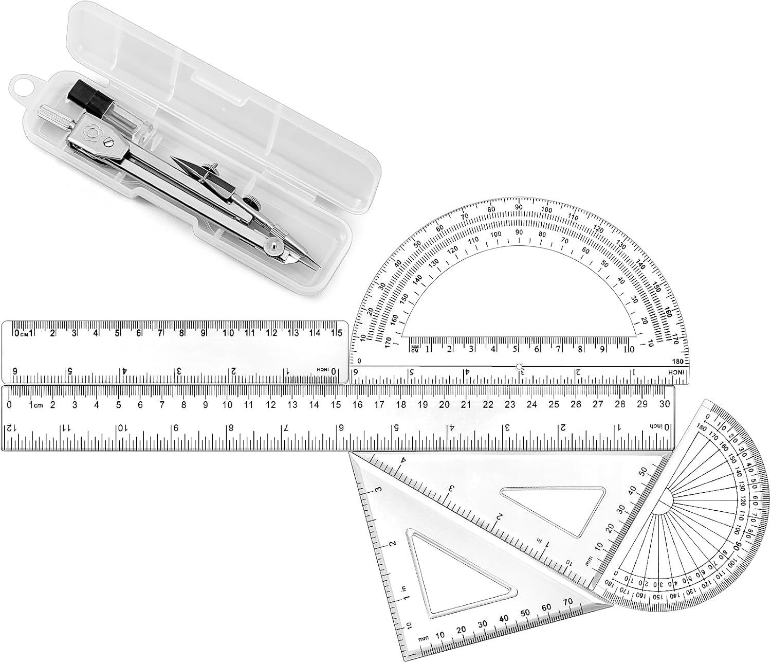 7‑Piece Geometry Set with Drawing Compass, 6 & 4 Inch Protractors, Triangle Rulers and Straight Rulers, Transparent