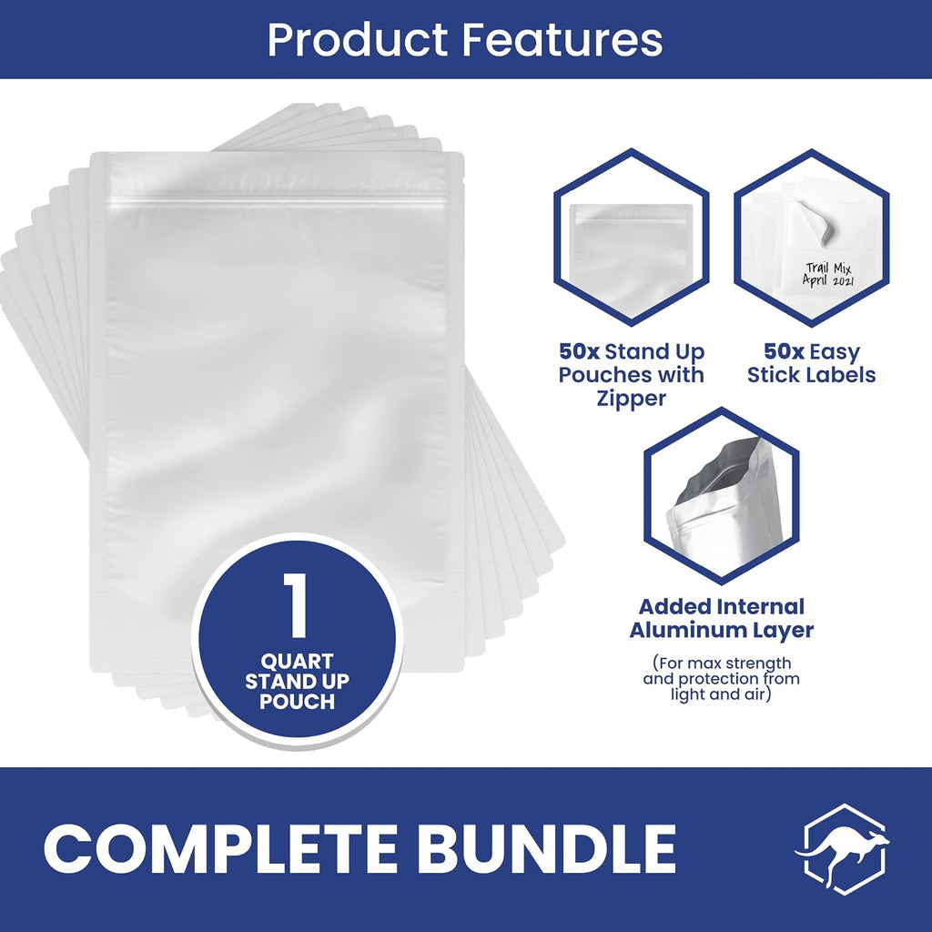 50 Count 1-Quart Gusset Mylar Bags with Labels, 12 Mil Total Thickness Long-Term Food Storage Pouches, 10x7 Stand-Up