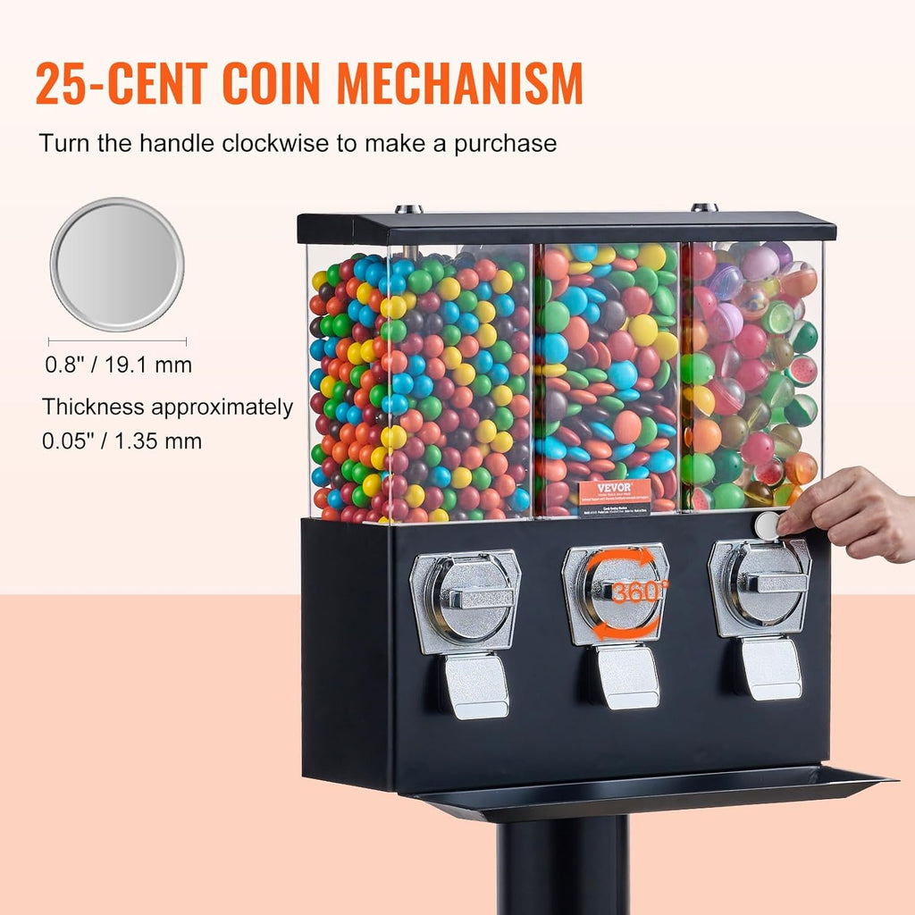 Commercial Vending Machine, Triple Compartment Candy Dispenser with Iron Stand, Gumball and Candy Machine for