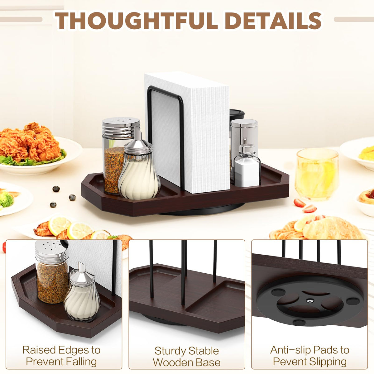 Rotating Napkin Holder for Table with Salt Storage, Brown