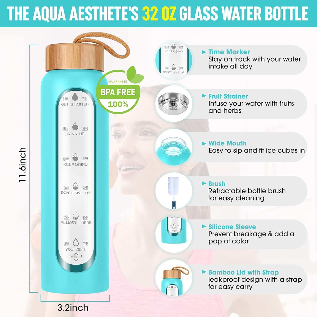 Glass Water Bottles 32 Oz with Silicone Sleeve - BPA Free Reusable Wide Mouth Glass Motivational Water Bottles with