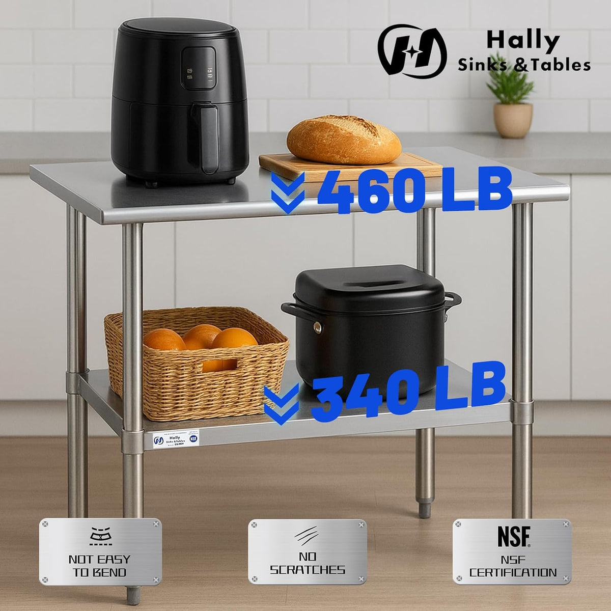 Hally Stainless Steel Table for Prep & Work 24 x 48 Inches NSF Commercial