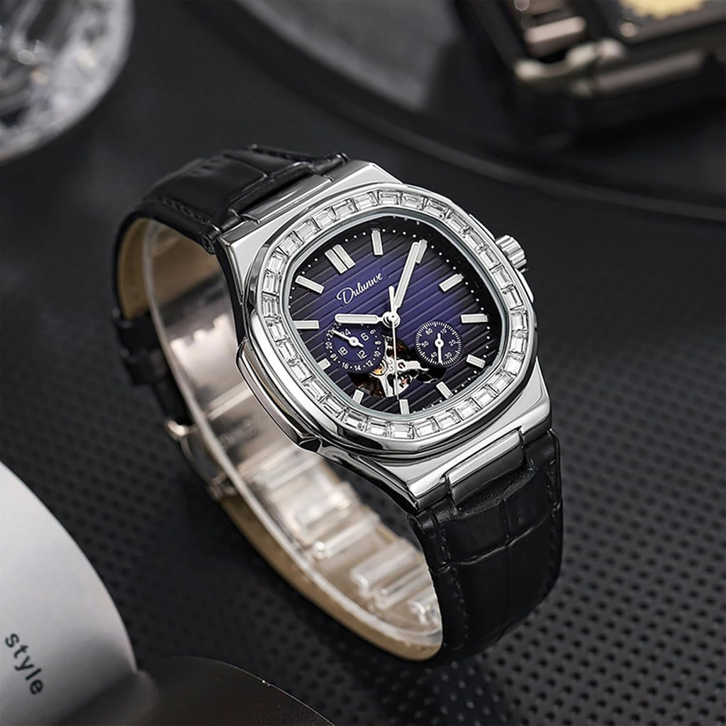 Dulunwe Men‘s Watches Mechanical Automatic Winding Elegant Luxury Leather Wristwatch with Square Analog Chronograph