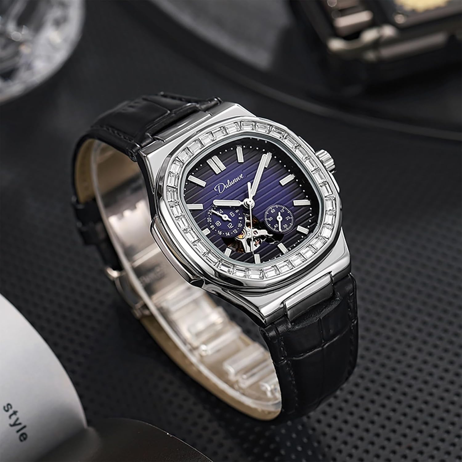 Dulunwe Men‘s Watches Mechanical Automatic Winding Elegant Luxury Leather Wristwatch with Square Analog Chronograph