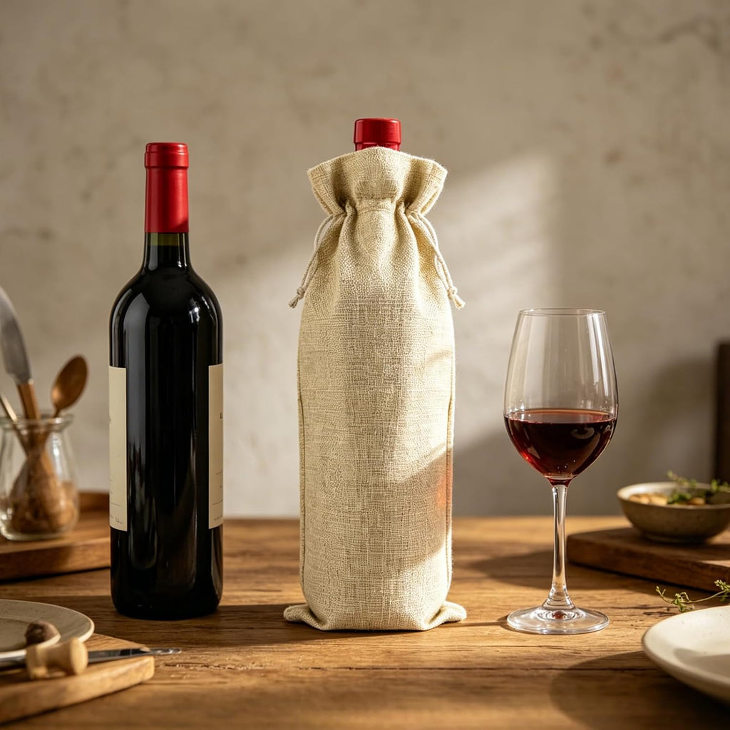 10 Pack Burlap Wine Gift Bags with Drawstring Fit 750ml, Natural