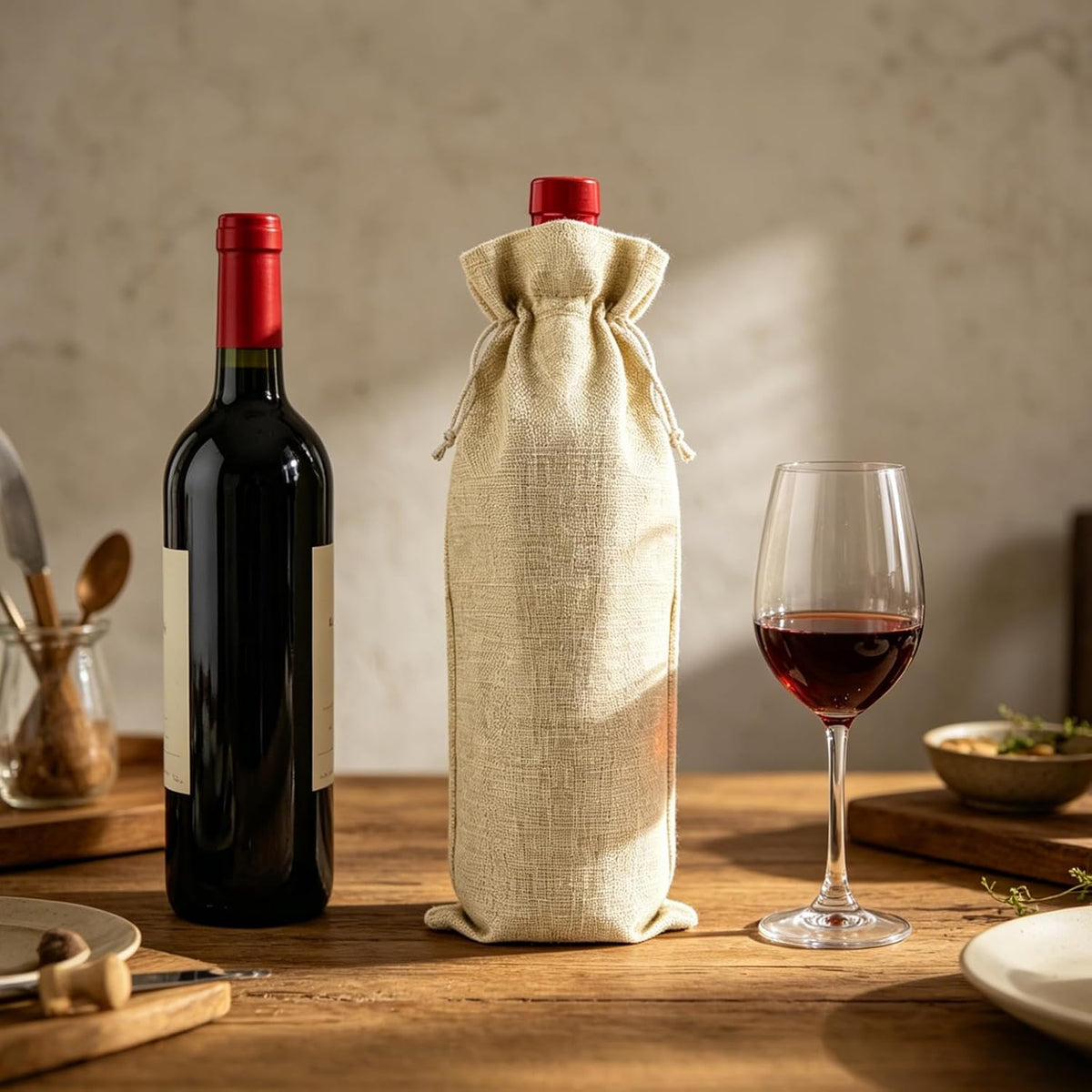 10 Pack Burlap Wine Gift Bags with Drawstring Fit 750ml, Natural